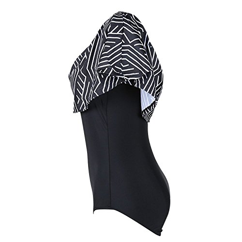 PiePieBuy Women Sexy Off Shoulder Ruffle Frill Geometric Striped Bikini One Piece Bathing Suit Swimwear - Thumbnail 2