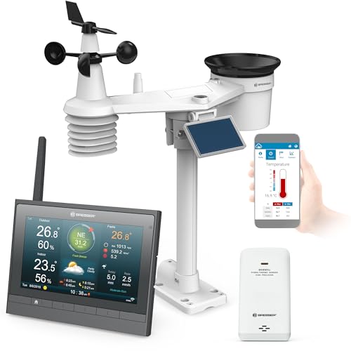 Bresser Wetterstation Funk mit Außensensor - solarbetrieben - und Thermo-Hygro-Funksensor MeteoChamp HD WLAN-Wetter-Center 7-in-1 inkl. Windmesser und Regenmesser, Grau