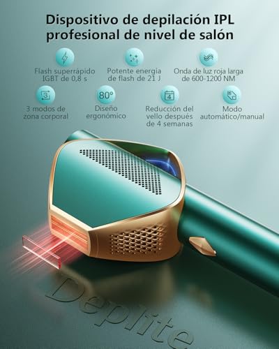 21J Laser Epilator with IGBT Fast Flash Technology 0.8s, Unlimited Blinking Epilator Pulsed Light Woman 600-1200NM, 3 Unique Modes Laser Hair Removal Face, Bikini, Body, Green Gold
