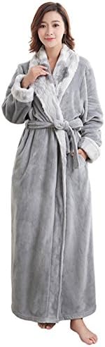 WSSM Robe Velour Chevron Texture Plush Soft Warm Fleece Long Bathrobe Robe for Women M-grey