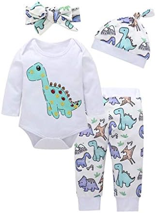 Baby Girls Boys Long Sleeve Clothes Set, Toddler Dinosaur Print Cotton Soft Romper+Pants+Hat+Headband 4Pcs Outfits