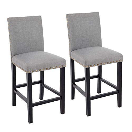 GOTMINSI Bar Stools with Nailheads, 24" Upholstered Bar Stools,Counter Height Bar Chairs with Solid Wood Legs, Set of 2 (Grey)