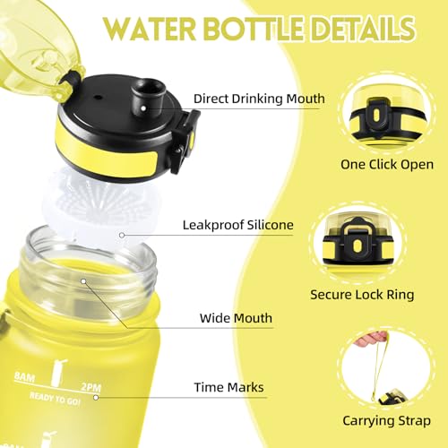 Motswedi Water Bottle 1 L, Sports Bottle, with Time Marker, Water Bottle, Leakproof, 1 Litre Bottle Includes Cleaning Sponge – Light Yellow & Royal Blue