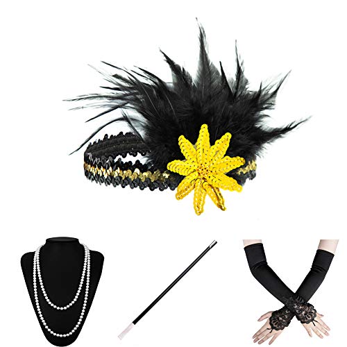 Xuhan 1920s Flapper Costume Accessories Set for Women Headband Necklace Gloves Cigarette Holder (Set-81)