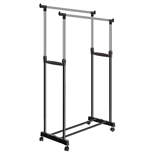 Homevol Clothes Drying Rack Double Pole Rail Rod Adjustable Clothes Rack Hanger, with 4 360 degree wheels(2 with lock)