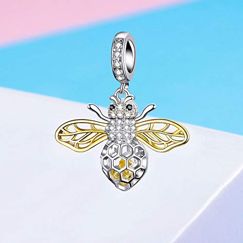 BAMOER Bee Charm Sterling Silver Charm Honey Bee Bracelet Necklace Lovely Lucky Charms Pendant Bee DIY Jewelry for Women