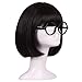 ColorGround Kids Size Short Straight Black Natural Cosplay Wig with Glasses frame