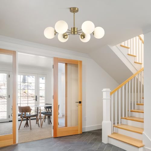 KCO Lighting Sputnik Vintage Gold Living Room Chandelier with 6 White Glass Globes, Minimalist Pendant Light 6 Lights with Adapter for Kitchen, Bedroom