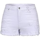 THUNDER STAR Women Mid Rise Ripped Stretchy Jeans Shorts Frayed Raw Hem Casual Denim Shorts