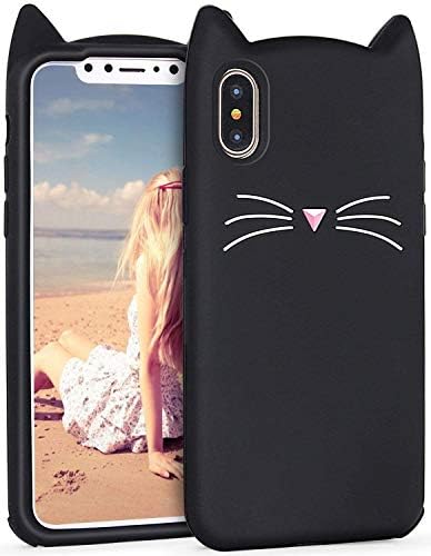 YES2GOOD 3D Mustache Cute Cat Kitty Ears Meow Soft Hello Kitty Silicone Rubber Back Cases Cover for Apple i-Phone XS (Baby Black)