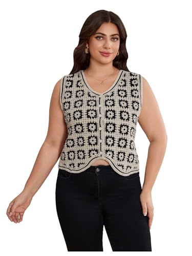 SHENHE Women's Plus Size Western Crochet Sweater Vest Floral Checkered Button Up Sleeveless Cardigan Black XX-Large Plus at Amazon