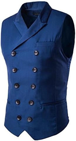 Jwhui Mens Vests Waistcoats Slim Cotton Double Breasted Sleeveless Jacket Waistcoat Suit Collar Men Suit Vest Blue XXXL