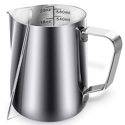 Milk Frothing Pitcher Jug - 20oz/600ML Measurements Steaming Pitchers, Stainless Steel Coffee Tools Cup, Espresso, Latte Art and Frothing Milk, Attached Latt Art Pen