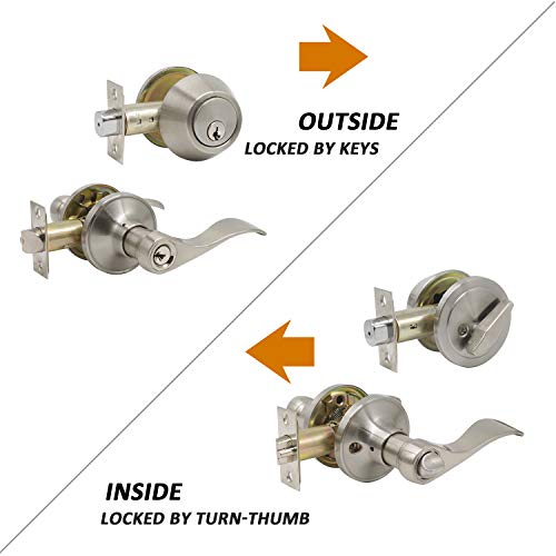 6 Pack Entry Lock with Single Cylinder Handleset Satin Nickel, Keyed Alike(Combo Pack), Wave Style Door Lever Lockset for Entrance Front Bed/Bath Doors