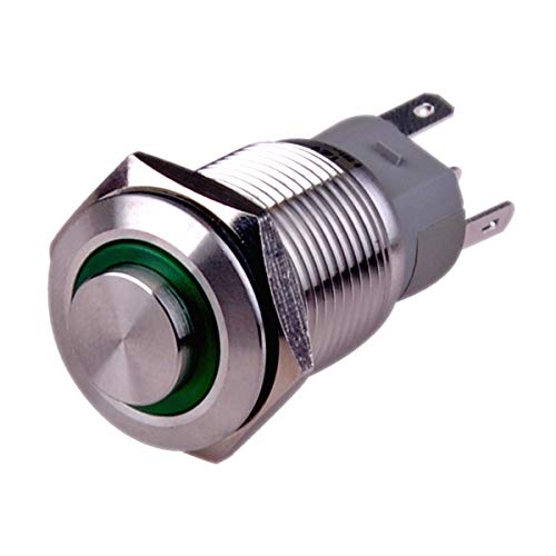 Ulincos Latching Push Button Switch U16F2 1NO1NC SPDT ON/OFF Silver Stainless Steel Shell with Green LED Ring Suitable for 16mm 5/8" Mounting Hole (Green)