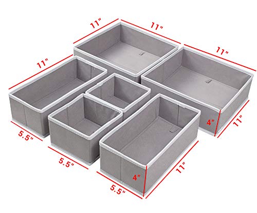 homyfort Cloth Dresser Drawer Organizers,Foldable Closet Storage Bins Cubes Dividers for Clothes,Underwear,Lingerie,Bras,Ties,Socks Set of 6 Light Grey