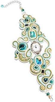 Ladies Wrist Watch with Soutache Bracelet with Swarovski Crystals, Faceted Rhinestones, Freshwater Pearls. Bead Embroidered White Golden Aqua Watch. Free shipping USA & Canada