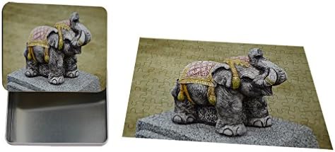 Concrete Sculpture Old Indian Elephant Metal Tin Trinket Box (4"x6") &amp; Jigsaw Puzzle (110 Pieces) Set