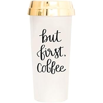 But First Coffee Travel Mug Coffee Lover Gift Plastic Travel Mug with Gold Lid Gift Cute Accessories for Women Commuter Plastic Tumbler Novelty Travel Mug Insulated Coffee Cups with Lids Hot Tea Gifts