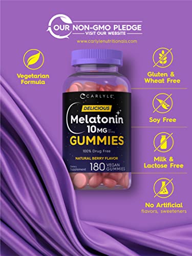 Melatonin Gummies 10mg | 180 Count | Adult Drug Free Aid | Natural Berry Flavor | Vegan, Non-GMO, Gluten Free | by Carlyle