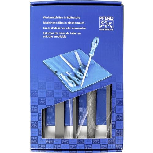 PFERD TOOLS Werkstattfeilen-Set in PVC-Rolltasche mit Umkarton, 5 Feilen, Kreuzhieb H1, 250mm, 11801541 – fuer die grobe Zerspanung und zum Schruppen geeignet, Laenge 250mm