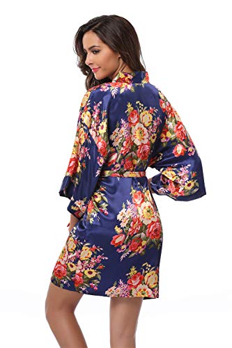 Women's Bridesmaid Robe Short Floral Wedding Kimono Robe Satin Floral Kimono Bathrobe for Bridal Wedding Party Navy M