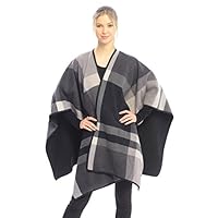 BYOS Women Winter Reversible Plaid Checked Houndstooth to Black Warm Fleece Open Front Poncho Ruana Wrap Cape (Gray Check)