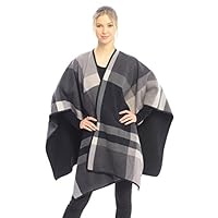 BYOS Women Winter Reversible Plaid Checked Houndstooth to Black Warm Fleece Open Front Poncho Ruana Wrap Cape (Gray Check)