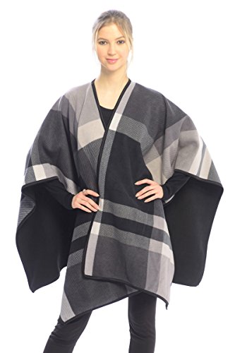 BYOS Women Winter Reversible Plaid Checked Houndstooth to Black Warm Fleece Open Front Poncho Ruana Wrap Cape (Gray Check) - Thumbnail 4