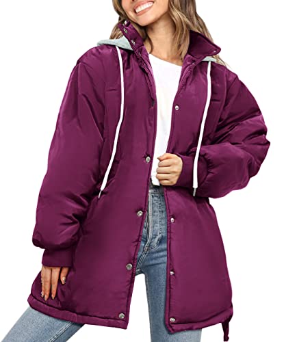 PRETTYGARDEN WOMEN’S 2023 HOODED PUFFER JACKETS LONG SLEEVE BUTTON DOWN BELTED WARM WINTER TRENCH COAT OUTERWEAR WITH POCKETS (PURPLE RED,X-SMALL)