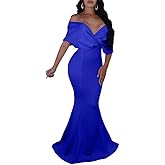 GOBLES Women Sexy V Neck Off The Shoulder Evening Gown Fishtail Maxi Dress