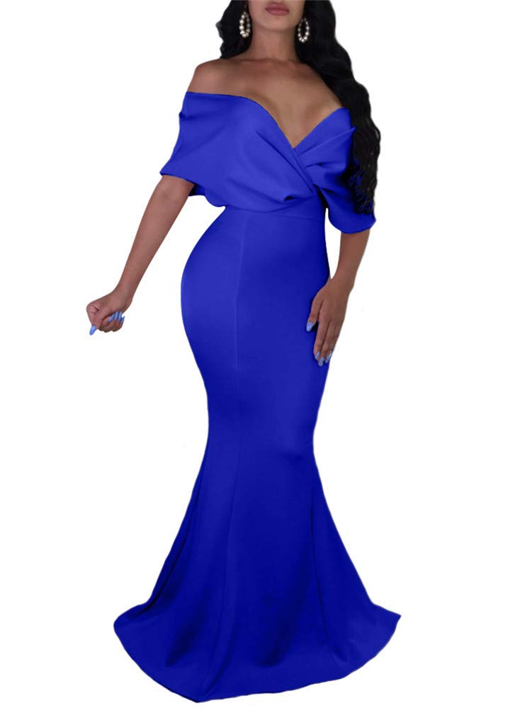 Photo 1 of GOBLES Women Sexy V Neck Off The Shoulder Evening Gown Fishtail Maxi Dress (XL, Royal Blue)