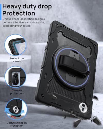 Gerutek Honor Pad 10 2025 (12.1 inches), Heavy Duty Armor Case with 360 Degree Rotating Stand, Hand Strap and Adjustable Shoulder Strap, Protective Cover for Honor Pad 10 12.1 inch, Black
