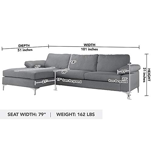Sofamania Couch Modern MidCentury Wide Chaise, Long LShaped