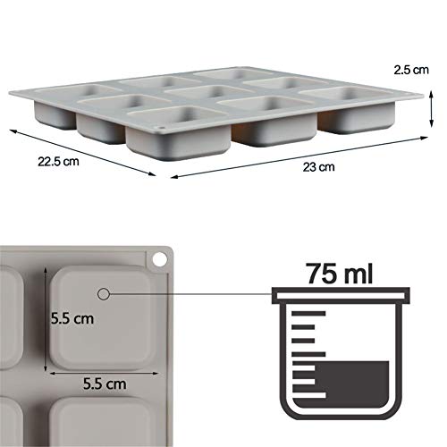 SJ Square Silicone Mold for Soap Making, 9 Cavities Handmade Silicone Soap Mold Candle Mold Lotion Bar Molds, Gray