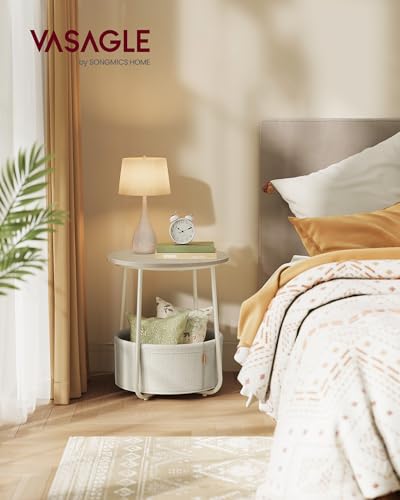 VASAGLE LILEA Collection - Small Round Side End Table, Modern Nightstand with Fabric Basket, Cream White ULET223K67