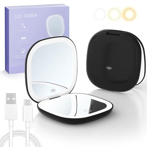 JDFNVFK Espejo de Bolsillo con Luz LED, con Aumento 1X/10X, Anillo de Luz de Doble Cara y 3 Modos, Espejo de Mano Recargable Portatil, Espejo Pequeño con Luz para Maquillaje