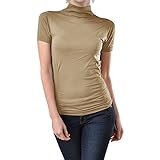 Stretch Short Sleeve Mock Neck Turtleneck Blouse Top Shirt (Beige)