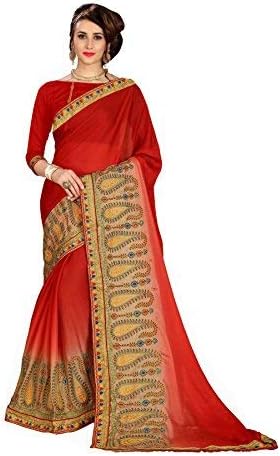 Soru Fashion Women's Chiffon Floral Embroidered Saree With Blouse Piece (SAR-452_Red)