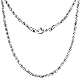 Silvadore 4mm Rope Mens Necklace - Silver Chain Twist Stainless Steel Jewelry - Neck Link Chains for Men Man Male Women Boys Girls - 18