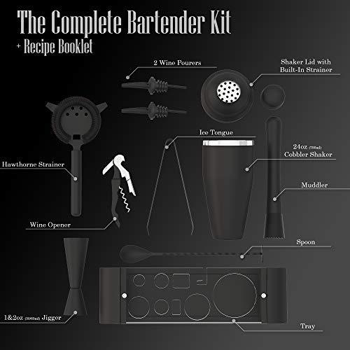 The Complete Bartender Kit | 11 Piece Cocktail Shaker Set with Stand | Great To Make Martini, Margarita, Mojito or Any Other Alcohol or Liquor Drink | Impressive Set For Special Gift! (Matte Black)