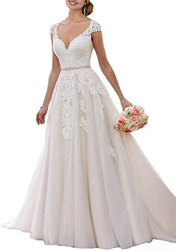 Women's V-neck Cap Sleeves Lace Applique Wedding Dresses for Bride with Sash Court Train Bridal Gowns Size 4 Ivory