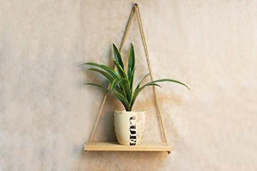 Wood Swing Hanging Rope Shelf Indoor 14x6 Inch - Minimalist Wooden Planter Holder Potted Floating Wall Shelves White - Small Mid Century Modern Plant Stand - Vintage Farmhouse Housewarming Gift