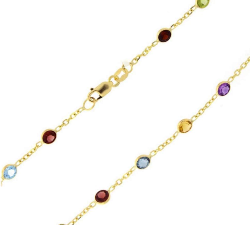 Bracelet in 14k Yellow or White Gold Cable Chain +Multi Color Round Faceted Station Stone