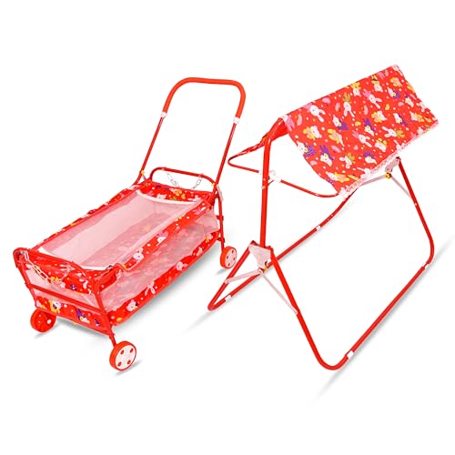 AVANI METROBUZZ Baby Cradle Mosquito Net Jhula Palna Stroller Infant & Toddler Beds Born Baby 1-2 Years Babies-Newborn Baby Cotton Baby Sleep Baby Bedding Cradle with Wheels AM1 (Red) 3
