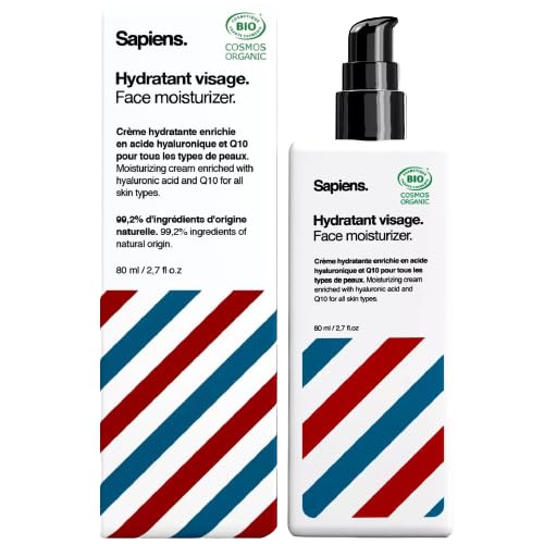 Organic Men’s Face Moisturiser 80ml Sapiens BarberShop - Made in France - Natural Moisturiser Mens Face Cream with Hyaluronic Acid and Q10 for Face and Beard - Double Action Anti-ageing Anti-fatigue
