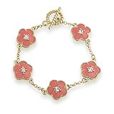 Mothers Day Gifts Gold Plated Crystal Red Simulated Coral Enamel Clover Flower Link Bracelet 7in
