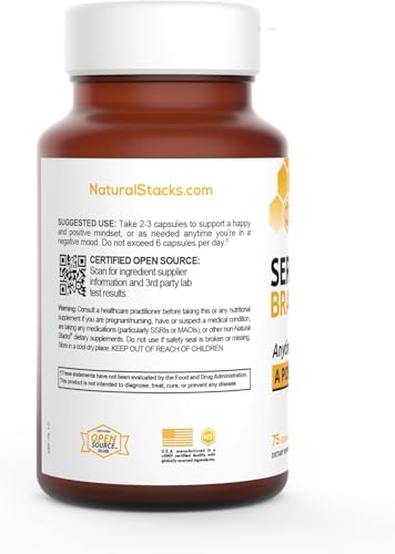 NATURAL STACKS SEROTONIN BRAIN FOOD W/L-TRYPTOPHAN & RHODIOLA ROSEA – MOOD SUPPORT SUPPLEMENT – PROMOTES POSITIVE MOOD, CALMNESS, STRESS RELIEF – HAPPY MOOD & BRAIN SUPPORT SUPPLEMENT – 75 CAPSULES