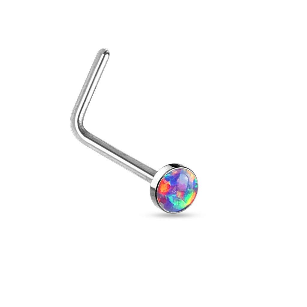 PiercedOff 316L Surgical Steel L Bend Nose Stud with Purple Synthetic Opal Head - Thickness 20GA (0.8mm) / Length 6mm / Opal Size 2.5mm