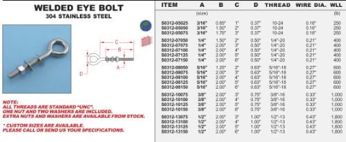 304 Stainless Eye Bolt Welded 1/4" x 2" 10 PACK (S0312-07050)